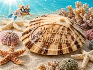 A glossy scallop shell rests on a softly lit stone surface, its cream and brown bands flowing through carved texture. An oval recessed relief frames raised polished lettering: Welcome Philippines. Gentle shadows and wet highlights enhance the natural ridges, creating an elegant tropical souvenir look with refined handcrafted detail throughout.