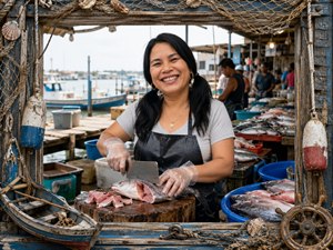 Fresh market energy fills this warm fishmonger portrait, where a smiling woman prepares the days catch with skill and pride. Rustic wood, rope corners, gold accents, bright seafood, and busy waterfront stalls create a welcoming story of hard work, fresh food, and coastal tradition brought beautifully to life for visitors.