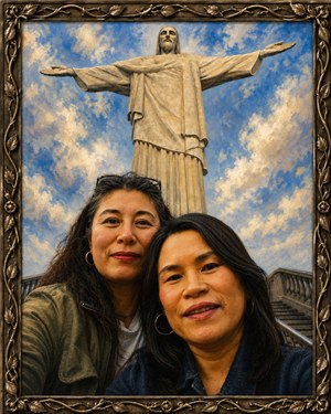 Beneath the majestic Christ the Redeemer statue, two women capture a joyful travel memory from a dramatic low-angle viewpoint. Rich brushwork, luminous clouds, detailed faces, and warm natural tones create a lively handcrafted portrait, while the ornate bronze vine frame gives the scene timeless elegance, depth, character, and gallery-ready presence.