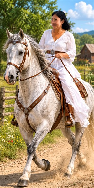 Sunlit country charm comes alive as a smiling rider guides a magnificent dappled steed along a dusty rural road. Flowing white clothing, polished leather tack, wildflowers, fencing, and a distant barn create graceful movement and warmth. This uplifting portrait celebrates freedom, confidence, companionship, and the timeless beauty of countryside life.