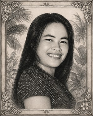 Graceful graphite portrait captures a womans warm smile, natural confidence, and refined facial detail. Long dark hair and a patterned blouse stand against softly layered tropical palms and foliage. An ornate botanical frame, drawn in matching charcoal tones, completes the elegant, timeless, gallery-ready composition with handcrafted charm and serenity throughout.
