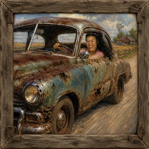 Joy races down a country road as a smiling woman steers a weathered vintage car, its faded blue paint, heavy rust, and battered panels alive with character. Golden fields, an old farmhouse, and a distant windmill complete the nostalgic scene, beautifully framed in rugged barn wood with intricate, uneven corners.