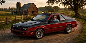Bold, fast, and unmistakably retro, this customized coupe owns the countryside. Deep red paint, aggressive black body accents, gleaming spoke wheels, roof-mounted yellow fog lights, and a confident driver create pure road-going attitude. Classic muscle-inspired styling meets personal character in one energetic, unforgettable automotive portrait built to command attention everywhere.