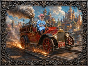 A joyful young driver races a vintage red fire engine through a sunlit blur of trees and track dust. Rich brass details, painted labels, spinning wheels, and a dramatic smoke plume create bold adventure. An ornate golden frame with complex corners turns the scene collectible.