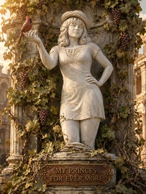 An elegant Roman marble statue stands within a weathered, vine-draped garden niche, crowned by carved columns and grape clusters. Her raised hand welcomes a bright red bird, while flowing stone drapery and chiseled hair glow softly. A two-tone golden plaque reads, My Princes For Ever More, adding timeless devotion.