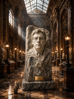 A polished marble bust emerges from a rough, veined stone block inside a grand 1800s museum hall. Black and white marble streaks, chiseled rock hair, warm gas lamps, and soft sun rays create depth and drama. A gold plaque adds a personal, welcoming gallery finish.