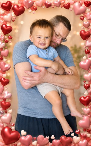Presents a tender father-and-child portrait, enhanced with warm studio glow and framed by floating 3D hearts. Soft colors, bright smiles, polished detail, and affectionate embrace create a cherished keepsake full of love, joy, and family warmth, perfect for gifts, memories, and heartfelt display in any home.