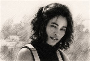 This refined charcoal sketch captures a graceful woman with luminous eyes, softly parted smile, and flowing dark hair rendered in expressive strokes. Gentle smudging, textured paper, and rich shadowing give the portrait depth, romance, and vintage elegance, while the loose background adds dreamy atmosphere and hand-crafted artistic charm throughout beautifully.