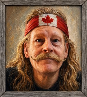 Celebrate bold Canadian character with this hand painted portrait, featuring flowing blond hair, a proud maple leaf headband, and a magnificent handlebar mustache. Rich brushstrokes bring warmth, texture, and rustic charm, while the weathered barnwood frame adds timeless country appeal. A fun, memorable artwork made to catch attention and smiles.