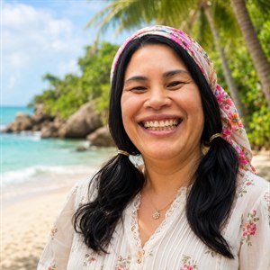 Radiant tropical joy shines through this elegant seaside portrait. A warm smiling woman wears a bright floral head scarf, styled twin ponytails, and a delicate cream blouse. Behind her, turquoise water, soft sand, palm trees, rocks, and lush greenery create a cheerful vacation scene filled with color, charm, and happiness.