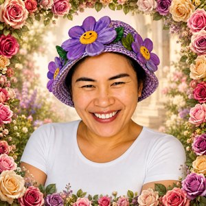 A radiant portrait bursts with cheerful charm, showcasing a warm smiling woman beneath a whimsical purple flower hat. Soft lighting, polished detail, and a smooth white shirt create a fresh, joyful gallery feel. Perfect for playful wall art, greeting cards, or uplifting promotional displays that celebrate personality, happiness, and color.