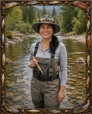 Celebrate adventure with this joyful fly-fishing portrait, featuring a smiling angler standing in a clear mountain creek. Wading coveralls, ponytail, lure-trimmed brim hat, and authentic gear create outdoor charm. A rich fish-themed frame with complex corners adds collectible character, making this piece fresh, playful, detailed, and wonderfully marketable art.
