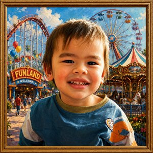 A joyful child beams from a richly painted amusement park portrait, framed in ornate gold. Bright carousel lights, a ferris wheel, roller coaster, balloons, and sunny festival colors create pure excitement. Warm brushwork, crisp detail, and cheerful charm make this keepsake artwork feel playful, nostalgic, and wonderfully giftable today forever.