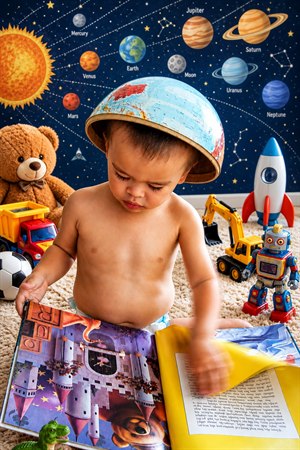 Curious toddler explores a vivid storybook beneath a playful solar system wall, surrounded by rockets, trucks, robots, sports balls, and a cuddly teddy bear. His oversized helmet and focused expression create charming wonder, while crisp detail, bright color, and toy-filled warmth celebrate childhood imagination, adventure, and discovery in every glance.
