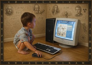 A curious child crouches at a vintage computer, absorbed in discovery while warm wooden floors and scholarly wallpaper surround the scene. Historic scientist portraits, formulas, diagrams, and a Greek letter border create an inspiring classroom atmosphere, blending childhood wonder, retro technology, and timeless learning into charming, imaginative hand painted artwork.