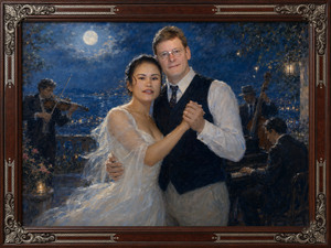 Beneath a luminous moon, a devoted couple slow-dances on a blue terrace overlooking shimmering water and distant city lights. Violin, piano, and upright bass surround their quiet embrace. Flowing ivory fabric, gentle expressions, silver highlights, and ornate rosewood framing preserve romance, music, and lasting devotion beautifully.