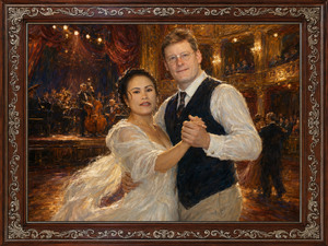 Inside a magnificent theater, a loving couple dances before a live orchestra, wrapped in warm stage light and sweeping movement. Her flowing ivory gown and his formal vest create timeless elegance. Red curtains, glowing balconies, silver inlay, and carved rosewood frame celebrate enduring romance and music.