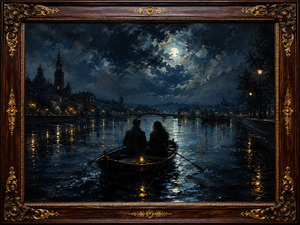 Two companions drift across a moonlit city canal, seated closely inside a small wooden boat guided by warm lantern light. Towers, bridges, streetlamps, and golden reflections shimmer across deep blue water. Ornate rosewood, routed inlay, gold leaf, and carved corners preserve intimacy, trust, and a quiet journey through darkness together.