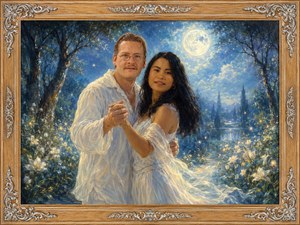 Beneath a radiant moon, the couple moves through a glowing forest garden filled with white flowers and shimmering light. Their gentle dance reflects trust, renewal, and a return to lifes simplest truths. The ornate light oak frame and silver inlay complete this peaceful, dreamlike celebration of love and innocence.
