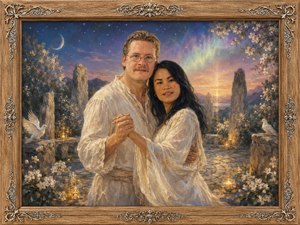 Within an ancient stone garden, the couple dances beneath stars, soft aurora light, and a quiet crescent moon. White blossoms, glowing lanterns, and peaceful doves surround their embrace, creating a timeless vision of devotion and spiritual renewal. The carved oak frame adds elegance, warmth, and lasting romantic character.