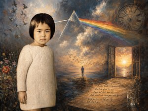 A solemn young child stands at the edge of a dreamlike world, surrounded by glowing skies, drifting birds, and a rainbow prism suggesting light, wonder, and quiet reflection. Inspired by Breathe, the hand-painted scene blends innocence and stillness with surreal atmosphere, revealing lifes gentle mystery and the courage to choose ones own path.
