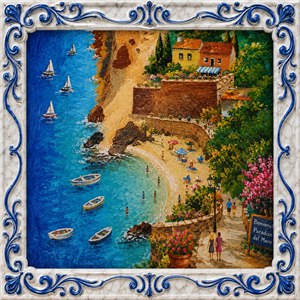 Discover a radiant Mediterranean shoreline honeypot, where turquoise water, sailboats, sunlit cliffs, and flowered walkways invite every traveler. Beachgoers relax below charming village terraces, while a polished white marble frame with glossy blue spiral detail adds luxury and motion. A joyful, framed escape bursting with color, sunshine, and vacation magic.