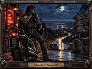 A leather-clad rider pauses beside a chrome motorcycle above a rain-slicked highway overlooking distant city lights. Deep blues, black leather, warm neon, and moonlight create a rebellious nighttime mood. Detailed cinematic realism, weathered signs, glowing reflections, rugged textures, and a heavy rock-inspired frame reinforce the restless outlaw atmosphere.
