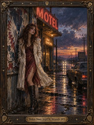 A weary young woman stands beside a rain-soaked roadside motel at dusk, framed by glowing neon, wet pavement, an old car, telephone poles, and stormy skies. Rich oil-paint textures, crimson, amber, blue, and violet tones create a melancholy 1970s atmosphere, while subtle winglike shapes suggest fragile resilience.