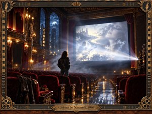 A lone figure stands among empty red theater seats beneath warm golden lights, facing a glowing screen filled with dreamlike cityscapes, faces, and musical imagery. Moonlit architecture, drifting haze, deep shadows, and polished reflections create a nostalgic cinematic mood, framed by ornate bronze film reels, guitar details, and vintage decoration.