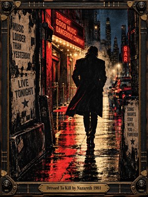 A shadowed figure in a long black coat walks through a rain-soaked city street glowing with red neon and amber marquee light. Gritty posters, guitar cases, vintage cars, and smoky skyscrapers create a dangerous nocturnal mood. The distressed photographic style is framed by amplifier controls, strings, picks, and aged brass.