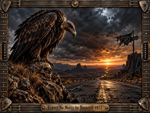 A massive dark vulture dominates a stormy desert landscape, perched above a weathered skull beside a cracked highway leading toward a fiery sunset. Dramatic clouds, amber light, rugged rocks, and distant mesas create an ominous mood. A distressed guitar-themed metal frame reinforces the gritty 1970s hard rock atmosphere.