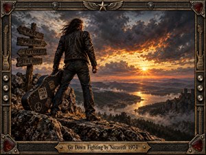 A lone long-haired rocker stands defiantly on a rugged mountain ridge above a winding river valley at sunset. Dark storm clouds split around fiery gold light, creating a tense, resilient mood. A battered guitar case, weathered signpost, distant ruins, and ornate metal guitar-themed frame reinforce the gritty 1970s rock atmosphere.