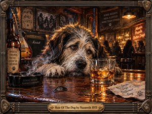 A shaggy dog rests wearily on a polished bar beside whiskey, an ashtray, and a guitar pick, surrounded by smoky rock-club memorabilia. Warm amber lighting, deep browns, glowing bottles, guitars, and amplifiers create a gritty 1970s atmosphere. An ornate guitar-string frame and brass title plate complete the detailed painterly composition.