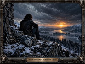 A solitary figure in a black leather jacket sits on a snowy cliff overlooking a misty mountain lake at sunset. A weathered electric guitar and cracked heart-shaped stone reinforce the melancholy mood. Dramatic storm clouds, icy blue terrain, warm amber light, and an ornate industrial frame create cinematic rock-era atmosphere.