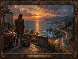 A lone traveler stands beside a vintage car overlooking a glowing coastal highway at sunset. Warm amber light cuts through stormy blue clouds, reflecting across the sea and winding road. Rich painterly textures, rugged cliffs, distant lights, and an ornate guitar-inspired frame create a nostalgic, restless mood of escape and return.