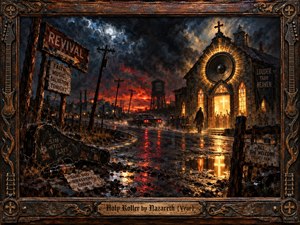 A storm-dark industrial street leads toward a blazing revival church, where shadowed worshippers gather beneath an oversized speaker and glowing cross. Wet pavement reflects fiery orange light against deep blue clouds, creating a tense, gritty 1970s rock atmosphere. Weathered signs, a guitar case, and ornate metal framing reinforce the rebellious mood.