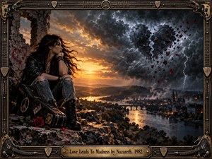A leather-clad woman sits beside a battered guitar case on a rocky overlook, watching a river city beneath a turbulent sunset. Golden light collides with black storm clouds as a fractured heart breaks apart overhead. Roses, lightning, ruined stone, and ornate guitar-themed metal framing create a dramatic cinematic rock atmosphere.