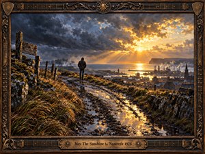 A lone figure follows a rugged coastal path above a shadowed harbor as storm clouds break into radiant golden sunlight. Wet stones and windswept grasses reflect warm amber light against deep blues and charcoal skies. Painterly realism, industrial silhouettes, and an ornate guitar-inspired bronze frame create a hopeful, weathered rock atmosphere.
