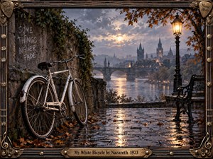 A weathered white bicycle rests beside an ivy-covered stone wall overlooking a misty riverside city at twilight. Warm lamplight and bridge reflections glow across rain-slick cobblestones beneath dramatic clouds and autumn leaves. The detailed cinematic artwork blends nostalgic rock imagery, gothic architecture, and an ornate guitar-inspired frame.