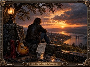 A solitary rocker sits on a rain-darkened stone overlook beside an electric guitar, gazing across a glowing river town at sunset. Dramatic orange light breaks through storm clouds, reflecting on wet stone and water. Ornate guitar-inspired metal framing, a vintage lamp, red cloth, and handwritten note heighten the nostalgic, yearning mood.