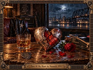 A battered metal heart split open with a glowing red center rests on a scarred table beside whiskey, a wilted rose, records, and guitar gear. Beyond the window, rain falls over a moonlit industrial city. Warm amber light, deep blues, and rugged rock styling create a bruised, defiant mood.