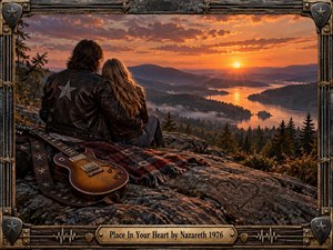 A leather-clad couple embraces on a rocky mountain overlook as a glowing orange sunset reflects across a winding lake and misty forested valley. A vintage electric guitar and plaid blanket rest nearby. Warm cinematic light, rugged textures, and an ornate guitar-inspired metal frame create a romantic 1970s rock atmosphere.