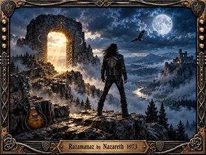 A lone rocker stands on a rugged mountain ledge beneath a stormy moonlit sky, facing a glowing ancient stone gateway. Cool blue valleys, mist, a distant castle, raven, and winding river contrast with warm golden light. An ornate bronze guitar themed frame reinforces the dramatic fantasy rock atmosphere.