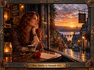 A reflective red-haired woman sits beside a cafe window overlooking a rain-washed hillside town glowing beneath a fiery sunset. Warm amber lamps contrast with cool wet streets, while a rose, coffee cup, handwritten note, distant guitarist, vintage car, ornate musical frame, and brass title plate create a nostalgic cinematic mood.