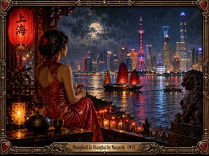 A woman in a red embroidered dress overlooks Shanghais glowing waterfront beneath a moonlit stormy sky. Crimson sails cross reflective water while lanterns, candlelight, and neon towers create a mysterious romantic mood. Ornate bronze framing, guardian lions, rich shadows, and cinematic detail blend vintage elegance with dramatic modern atmosphere.