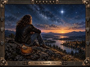 A lone rock musician sits on a rugged cliff beside a worn electric guitar, overlooking a glowing river valley at sunset. Deep blue skies, distant mountains, village lights, and one brilliant star create a reflective, hopeful mood. Ornate guitar-inspired metalwork frames the richly detailed, cinematic painted scene.