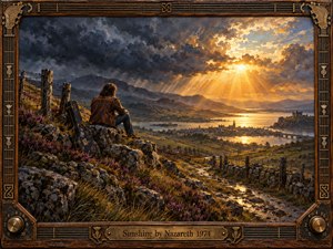 A lone traveler rests on a rocky Highland slope overlooking a distant town and shining water. Dark storm clouds part dramatically as golden sunlight pours across the valley, creating a reflective, hopeful mood. Rich oil-paint textures, rugged stone, heather, winding paths, and an ornate guitar-inspired frame reinforce the vintage rock atmosphere.