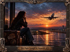 A lone woman in a leather jacket watches an airliner climb above a rain-slicked runway at fiery sunset. Warm orange light contrasts with stormy blue clouds, creating a reflective, wistful mood. Cinematic realism, glowing runway lights, vintage luggage, and an ornate guitar-case frame reinforce the 1970s rock atmosphere.
