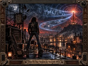 A lone rocker stands on a rain-slick rooftop above a smoky industrial city, facing a glowing transmission tower under a stormy night sky. Electric blue signal waves curve through crimson clouds, carrying ghostly memories. Gritty digital painting, amber reflections, dramatic lighting, and a rugged amplifier-inspired frame create a charged 1970s hard-rock atmosphere.