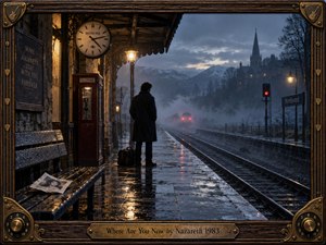 A solitary man waits on a rain-slick railway platform at dusk, framed by misty mountains, a distant church, and fading train lights. Warm station lamps glow against cold blue-gray fog, reflecting across wet stone. Cinematic photographic realism, weathered architecture, an old telephone, empty bench, and portrait deepen the mood of longing and absence.